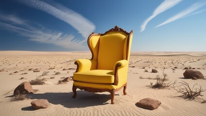 Naklejka premium Yellow armchair prominently placed in a desert landscape with clear sky, no people