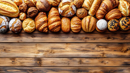 Top-down view of a dark wooden table with a central empty space, surrounded by a variety of freshly baked pastries, including croissants, muffins, buns, and loaves of bread. The golden-brown pastries 