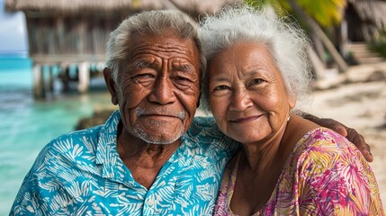 Smiling romantic senior couple in sunglasses at beach