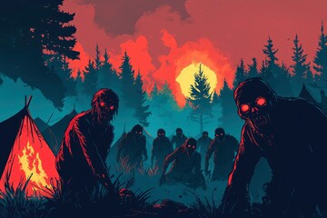 A Group of Skeletons Surrounded by a Forest and a Red Sky