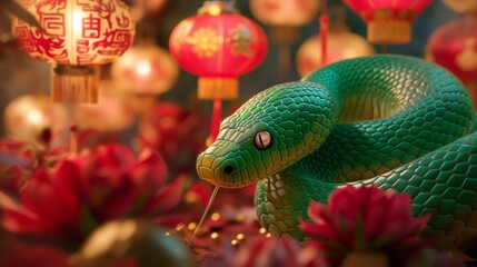 Fototapeta premium Vibrant green snake is coiled on a branch adorned with glowing lanterns and lush flowers, creating a captivating scene for the chinese new year