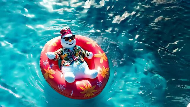 Funny winter getaway image: Snowman floating in a pool on a tropical vacation, wearing a Hawaiian shirt and sunglasses, enjoying a sunny, playful break. Video made using Generative AI.