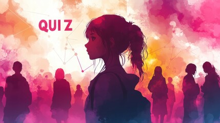 Woman standing in front of a crowd of people, quiz text