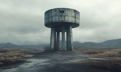 Brutalist water tower with thick, cylindrical concrete supports and a utilitarian, industrial design, looming over an empty landscape
