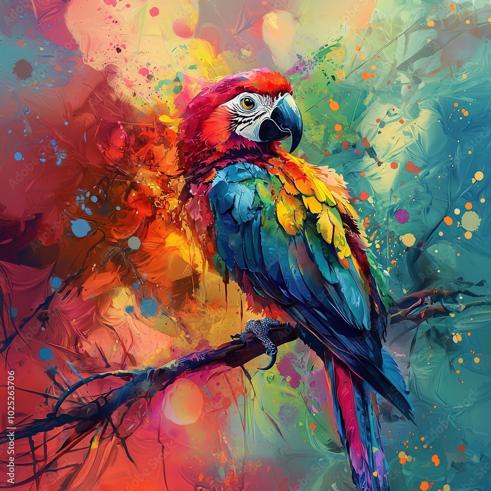 Sticker   Parrot on Branch with Paint Splatches - A vibrant bird perched on a branch against a diverse backdrop The parrot's face and body bear traces