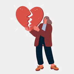 Cartoon vector illustration of a woman holding a broken heart