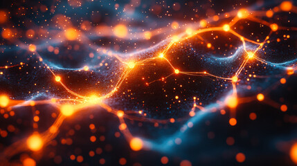 Abstract representation of neural networks with glowing orange and blue nodes interconnected against a dark background