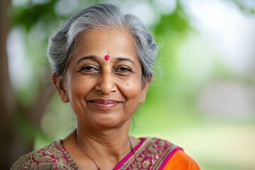 Indian senior woman with gray hair smiles at camera. She wears vibrant pink and gold sari in casual relaxed setting. Background blurred green and brown suggests outdoor natural location.