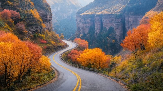 Road through Laobiangou canyon in autumn, a panoramic view of Benxi, China.