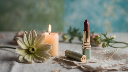 Collage featuring lipsticks, flowers, and a compact mirror in a pastel-themed beauty scene