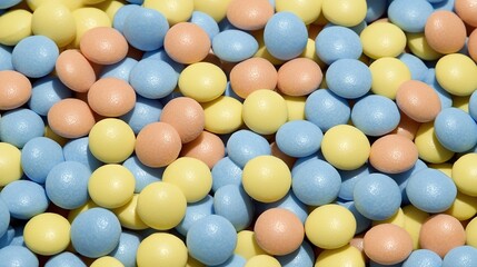   A trio of blue, yellow, and pink candies is displayed beside a duo of white and yellow candies
