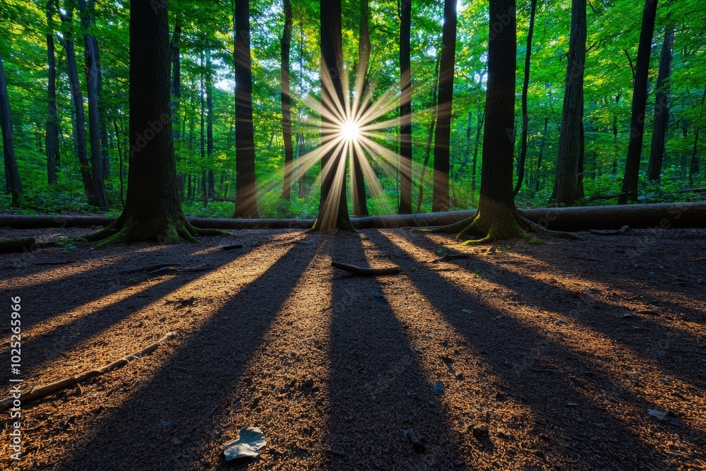 Poster Sunlight filtering through trees, hyper-realistically capturing every ray of light and shadow as it falls on the forest floor
