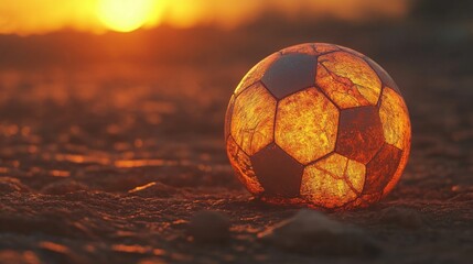Fototapeta premium Soccer ball in a sunset scene, glowing with the light of the setting sun. -
