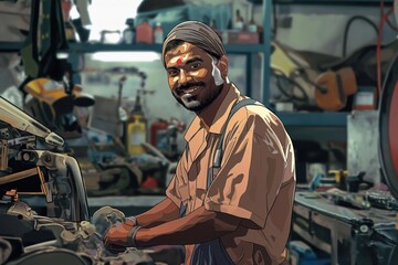 Indian motor mechanic in workshop with tools, equipment, and vehicles. Man in brown shirt, blue apron, and confident smile. Various machinery, car, motorcycle, and bicycle in workshop background.