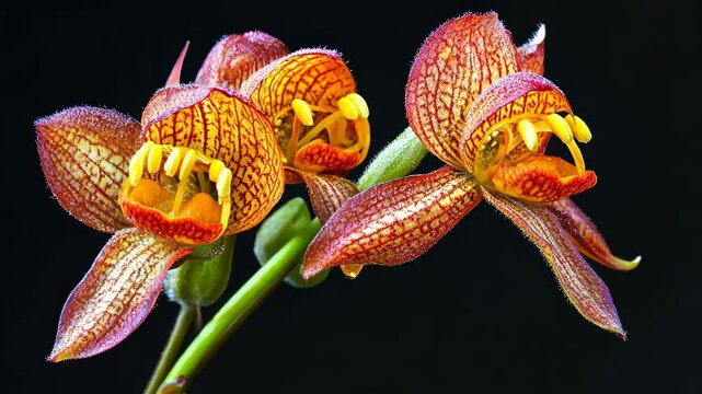 Three red and yellow orchids with a black background