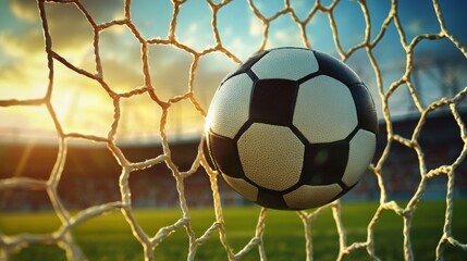 Soccer ball in goal net with stadium background. 