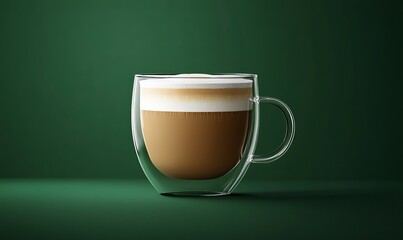 Cappuccino in glass cup with double walls isolated on green background