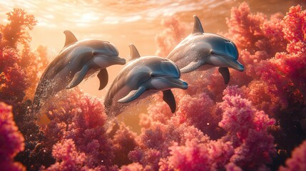Obraz premium illustration featuring three cute dolphins alongside pink corals