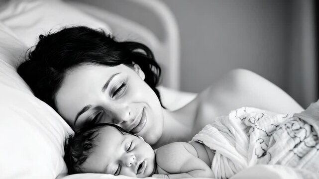 A woman is holding a baby in bed