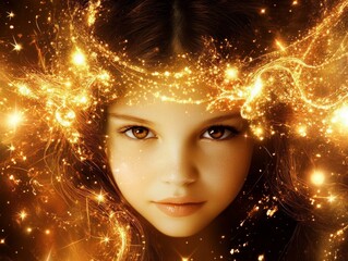 Fototapeta premium In the blazing flame of gold, immersed in the dreamland. The light shone like gold and burned with a miracle. The colors of dreams jump in the flames, as enchanting as a fantasy