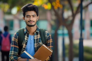 Young Indian male student stands confidently on campus sidewalk. He wears blue and plaid shirts with backpack, holds book and notebook. Tree-lined street with building in background.