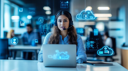 A professional woman in a headset engages with clients while analyzing data in a modern office environment during a busy workday