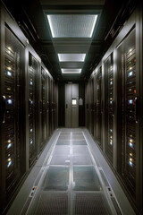 Modern server room with LED-lit racks and cooling infrastructure