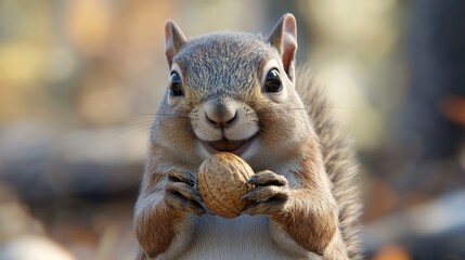 Obraz premium Squirrel, holding a nut, smiling at the camera generative ai
