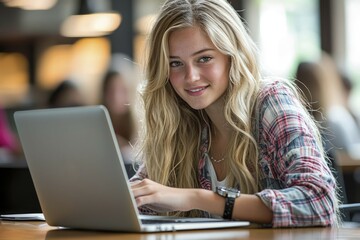 Young Woman Using Laptop at a Table