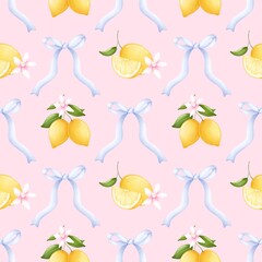 Seamless pattern of lemons and bow. Aesthetic lemon tree branches, lemon fruits and flowers in a beautiful pattern. For fabric, packaging paper, scrapbooking.