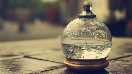 Glass globe filled with water and droplets.