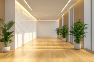 Fototapeta premium Minimalist Interior Design of a Modern Entrance Hall Featuring a Marble Wall Panel and Wooden Floor in a Luxury Home