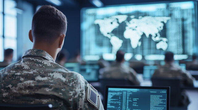 Army instructors teaching cybersecurity skills to soldiers in a classroom setting photo