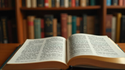 Obraz premium Blurred library bookcase filled with academic books, open book close-up with pages filled with highlighted text lying on table in foreground with warm lighting ambient and studious atmosphere.