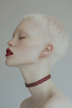 The model with light hair showcases a graceful pose, highlighting her elegant choker against a minimalist backdrop