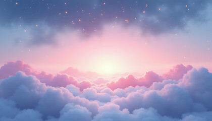 Dreamy sunset sky with fluffy pink clouds floating above ethereal landscape
