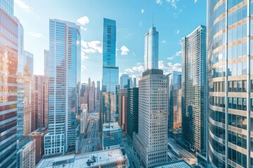Obraz premium A city skyline is reflected in the windows of a tall building, generative ai image