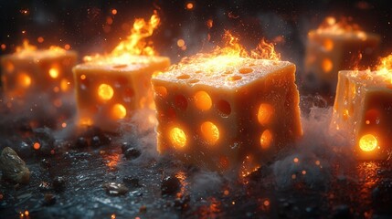 This image showcases a surreal concept of glowing cheese cubes resembling dice, engulfed in flames, highlighting vivid orange and yellow tones against a dark background.