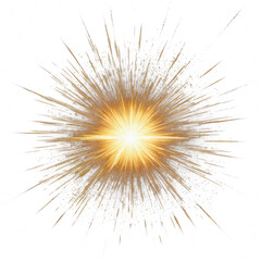 Fototapeta premium Bright golden flash of light on a black background, resembling an explosion or fireworks, with diverging rays and sparks, isolated, on a transparent background