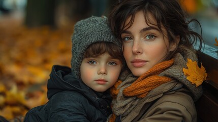 mother and child sitting in the park in the fall, fall leaves