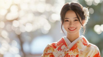 着物姿の笑顔の若い日本人女性