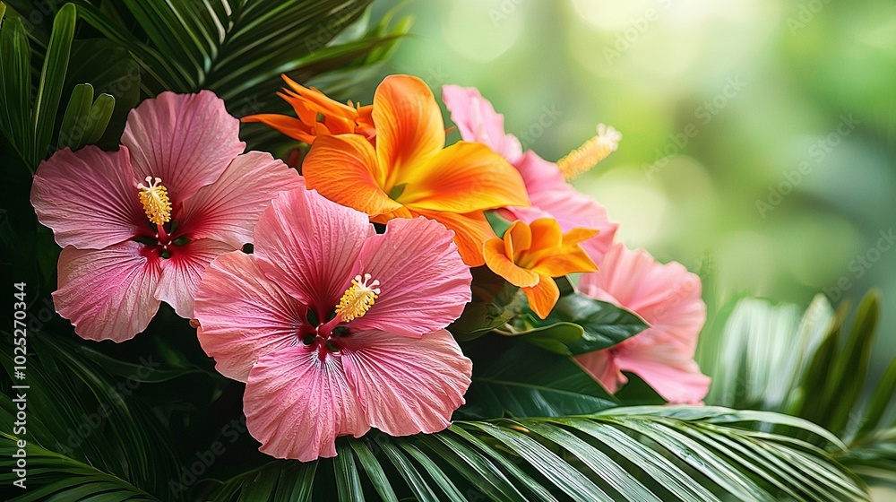 Wall mural   A cluster of vibrant pink and orange blossoms atop a verdant, leaf-laden shrub