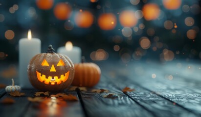 Obraz premium Lit Jack-o'-Lantern on Wooden Table With Candle