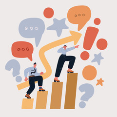 Cartoon vector illustration of a team climbing levels of growth indicators, with an arrow showing business development