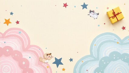 Cute animals and gift box with stars on pastel background
