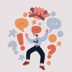 Cartoon vector illustration of a man as a puppet being manipulated by someone with strings