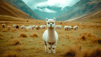Fototapeta premium A curious alpaca stands in a vast green meadow surrounded by a herd of grazing alpacas under cloudy skies in the Peruvian Andes