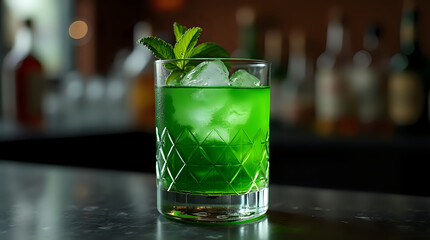 A green Negroni cocktail, a delightful blend of gin, aperitif liqueur, mint, and ice, showcased against a modern black bar counter.