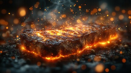 A mouthwatering glowing steak on a dark surface, surrounded by sparks and fine details, creating an enticing culinary atmosphere.