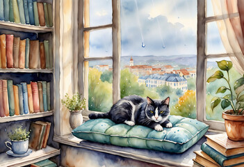 Cozy window scene with a cat lounging on a cushion, bookshelves, and rainy view
